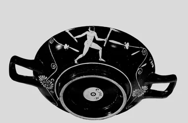 Atensk kopp uten stilk med rød figur, ca. 400 f.Kr. (keramikk) (se også 278897)